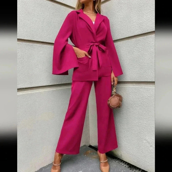 Split Sleeve Belted Blazer & Wide Leg Pants - Picture 6 of 6